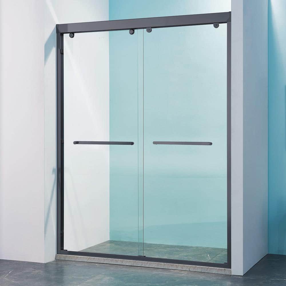RAINLEX 56 in. to 60 in. W x 76 in. H Sliding Framed Shower Door in Matte Black Finish with Clear Glass