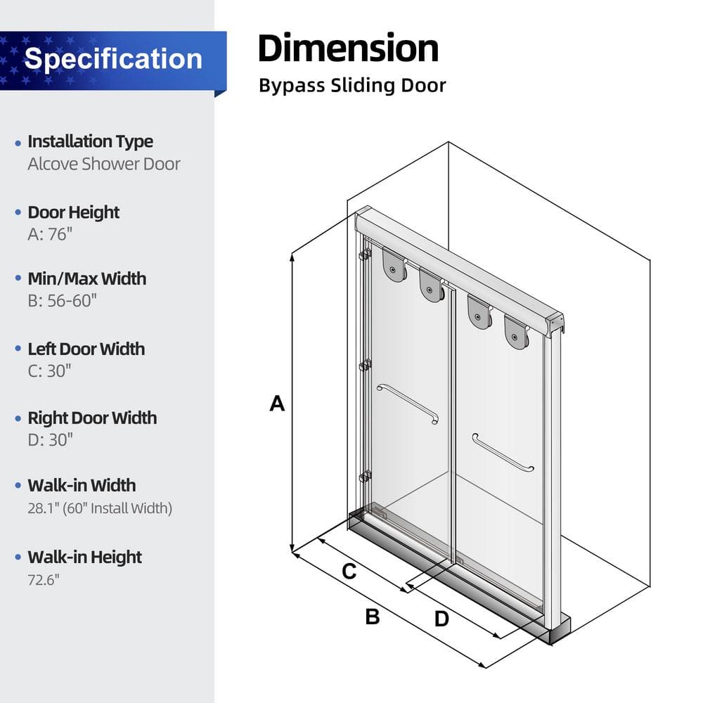 RAINLEX 56 in. to 60 in. W x 76 in. H Sliding Framed Shower Door in Matte Black Finish with Clear Glass