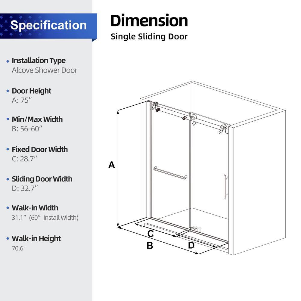 RAINLEX 56 in. to 60 in. W x 75 in. H Sliding Semi-Frameless Shower Door in Chrome Finish with Clear Glass