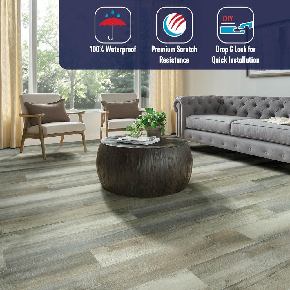 Bruce reDefine Reclaimed Greige 22 MIL 7 in. W x 48 in. L Waterproof Click Lock Vinyl Tile Flooring (23.64 sq. ft./ctn)