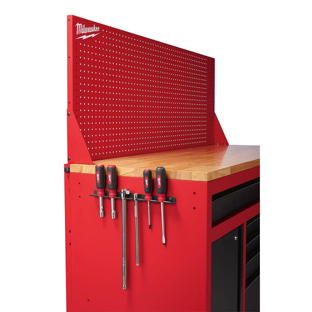 Milwaukee 61 in. 11-Drawer/1-Door 22 in. D Mobile Workbench with Sliding Pegboard Back Wall in Red/Black