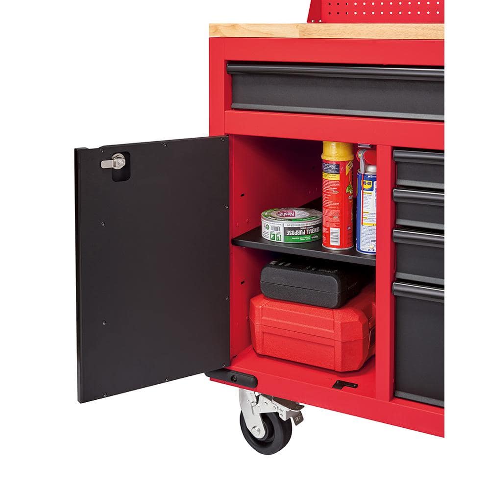 Milwaukee 61 in. 11-Drawer/1-Door 22 in. D Mobile Workbench with Sliding Pegboard Back Wall in Red/Black