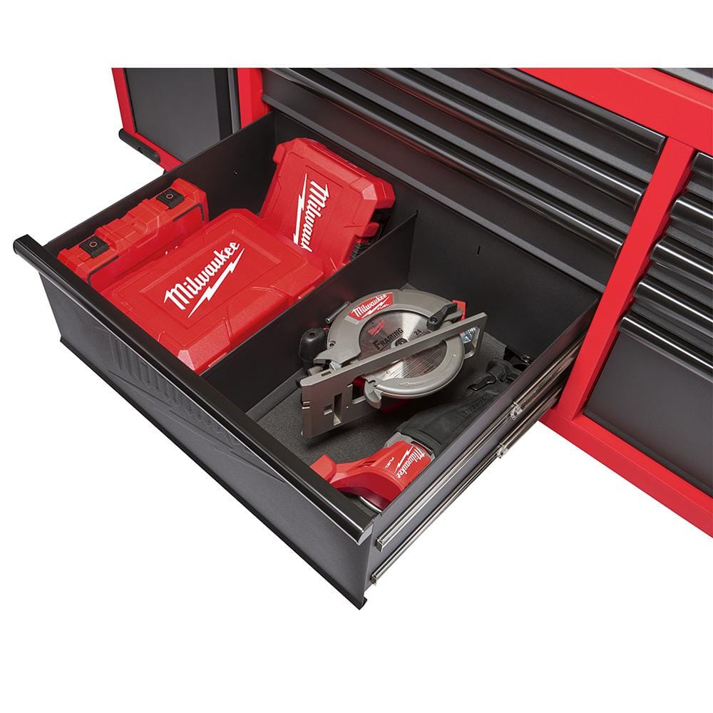 Milwaukee 61 in. 11-Drawer/1-Door 22 in. D Mobile Workbench with Sliding Pegboard Back Wall in Red/Black