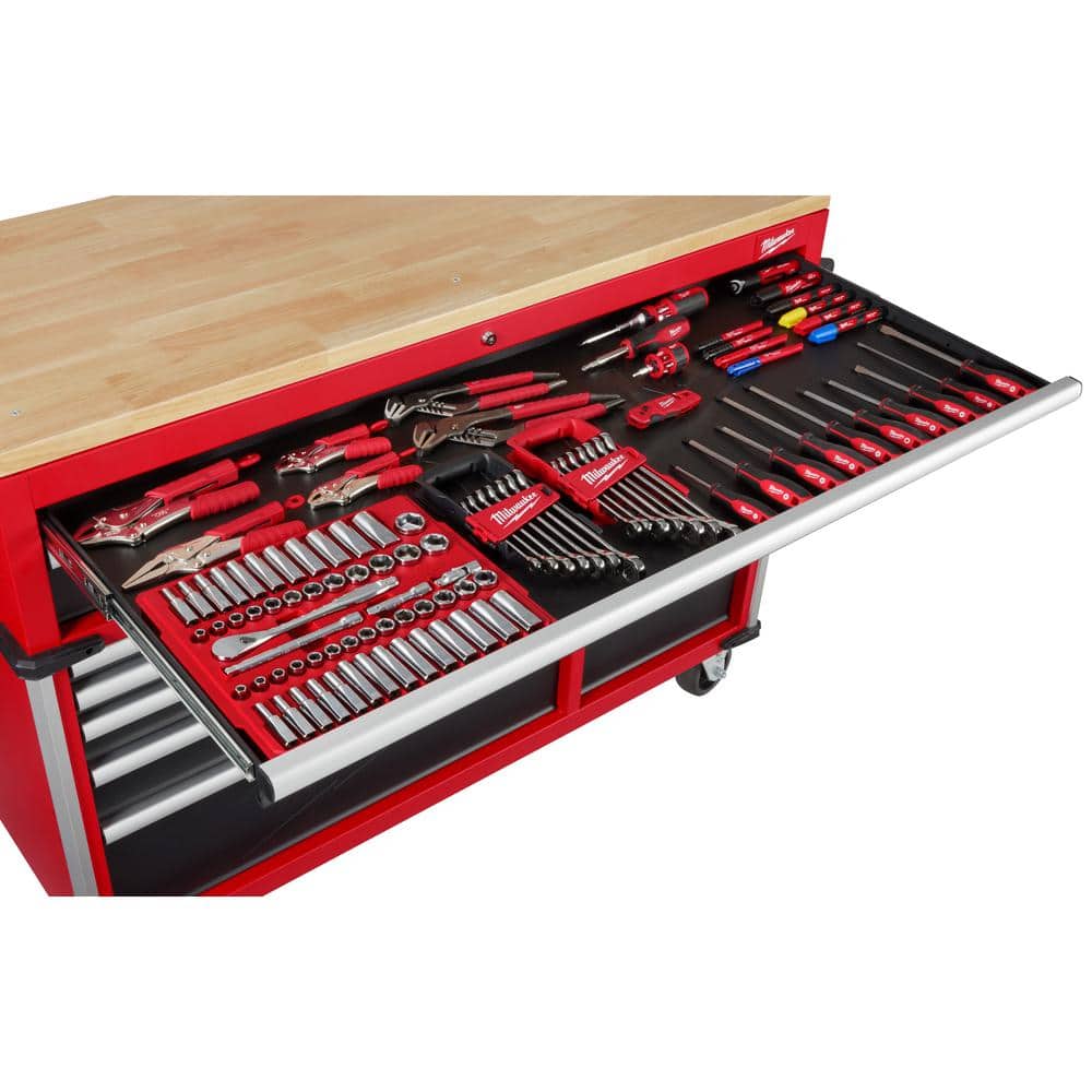 Milwaukee Tool Storage 52 in. W x 22.1 in. D Heavy-Duty Red Mobile Workbench Cabinet, 12-Drawer, Wood Top