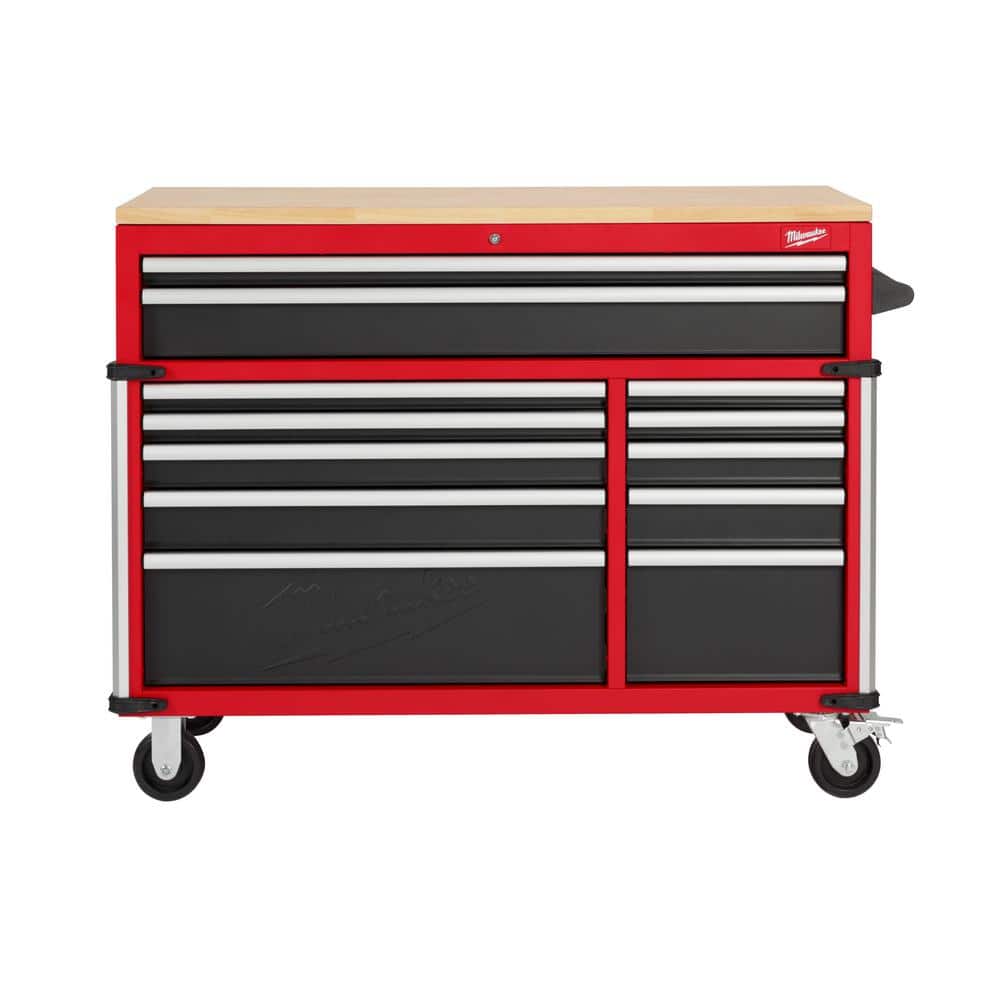 Milwaukee Tool Storage 52 in. W x 22.1 in. D Heavy-Duty Red Mobile Workbench Cabinet, 12-Drawer, Wood Top