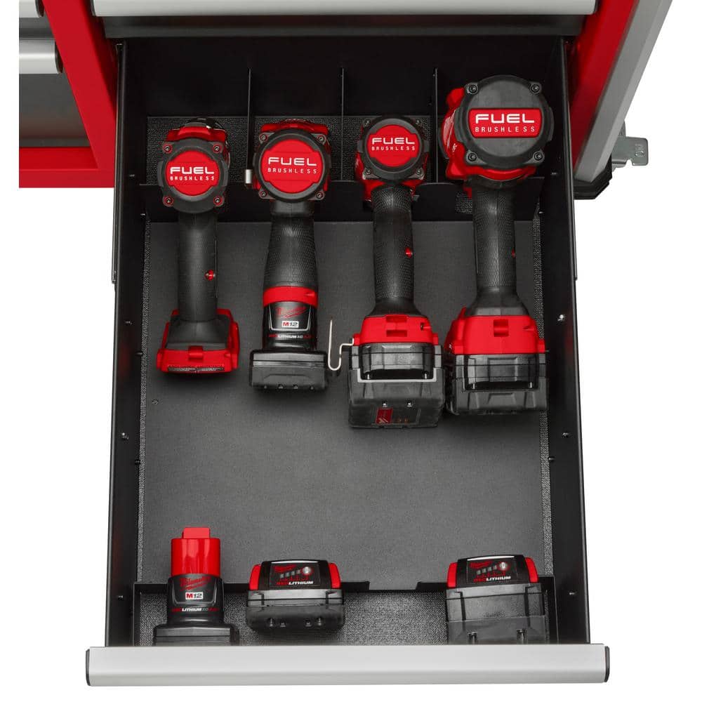 Milwaukee Tool Storage 52 in. W x 22.1 in. D Heavy-Duty Red Mobile Workbench Cabinet, 12-Drawer, Wood Top