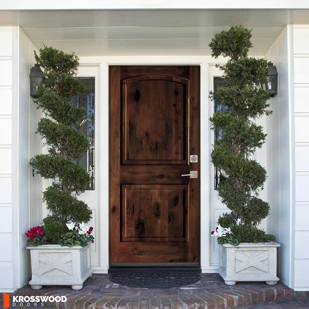 Krosswood Doors 36 in. x 80 in. Rustic Knotty Alder Arch Top Red Mahogany Stain Left-Hand Inswing Wood Single Prehung Front Door