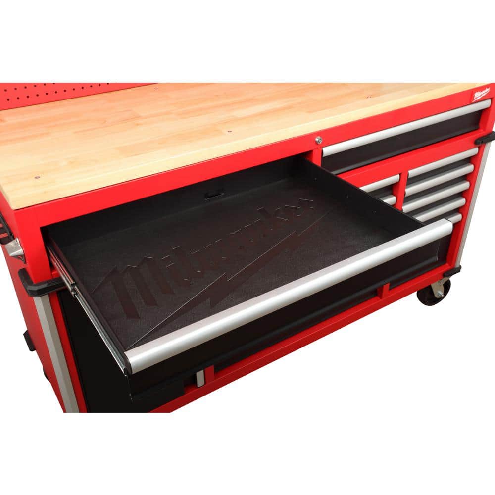 Milwaukee High-Capacity 61 in. W x 22 in. D 11-Drawer Mobile Workbench Cabinet with Solid Wood Top and Pegboard