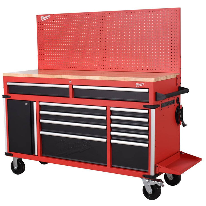 Milwaukee High-Capacity 61 in. W x 22 in. D 11-Drawer Mobile Workbench Cabinet with Solid Wood Top and Pegboard