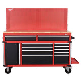 Milwaukee High-Capacity 61 in. W x 22 in. D 11-Drawer Mobile Workbench Cabinet with Solid Wood Top and Pegboard