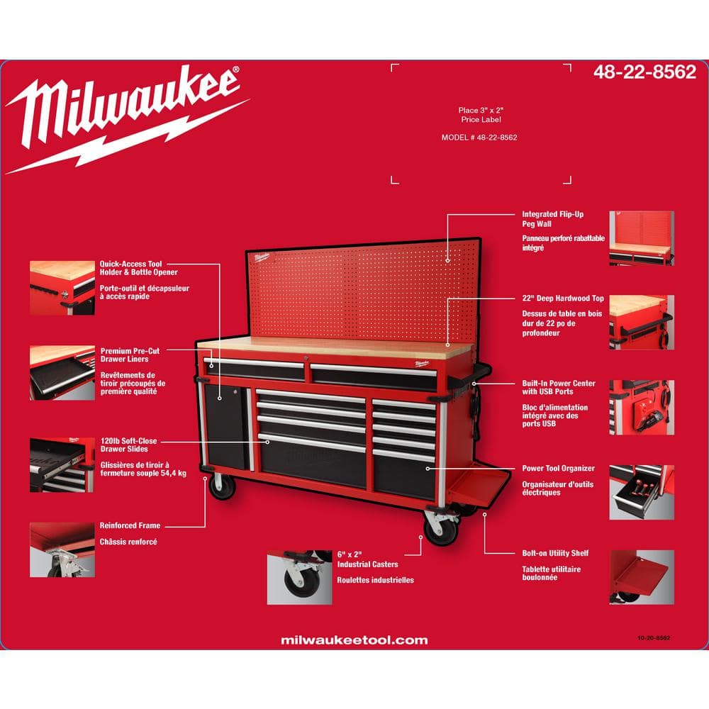 Milwaukee High-Capacity 61 in. W x 22 in. D 11-Drawer Mobile Workbench Cabinet with Solid Wood Top and Pegboard