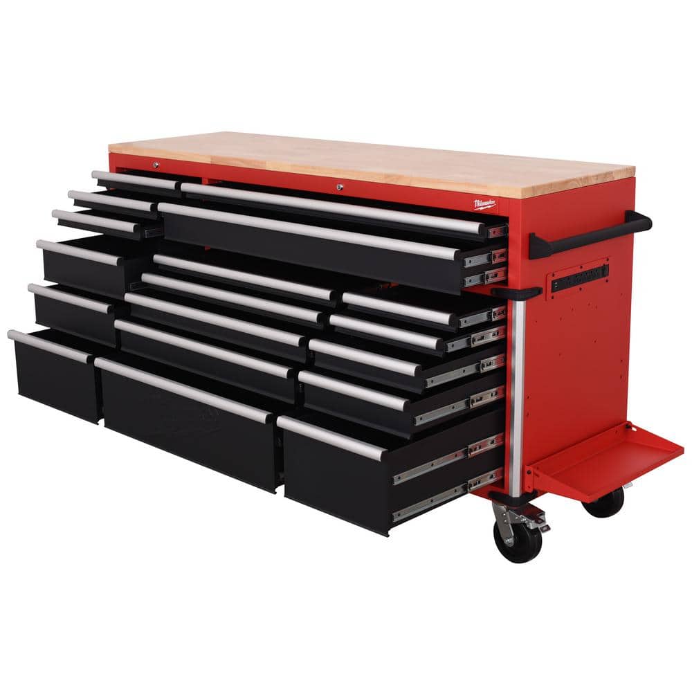 Milwaukee High Capacity 72 in. W x 22.1 in. D 18-Drawer Mobile Workbench with Solid Wood Top