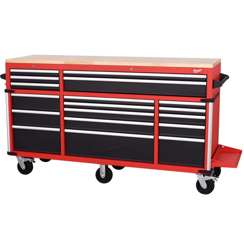 Milwaukee High Capacity 72 in. W x 22.1 in. D 18-Drawer Mobile Workbench with Solid Wood Top