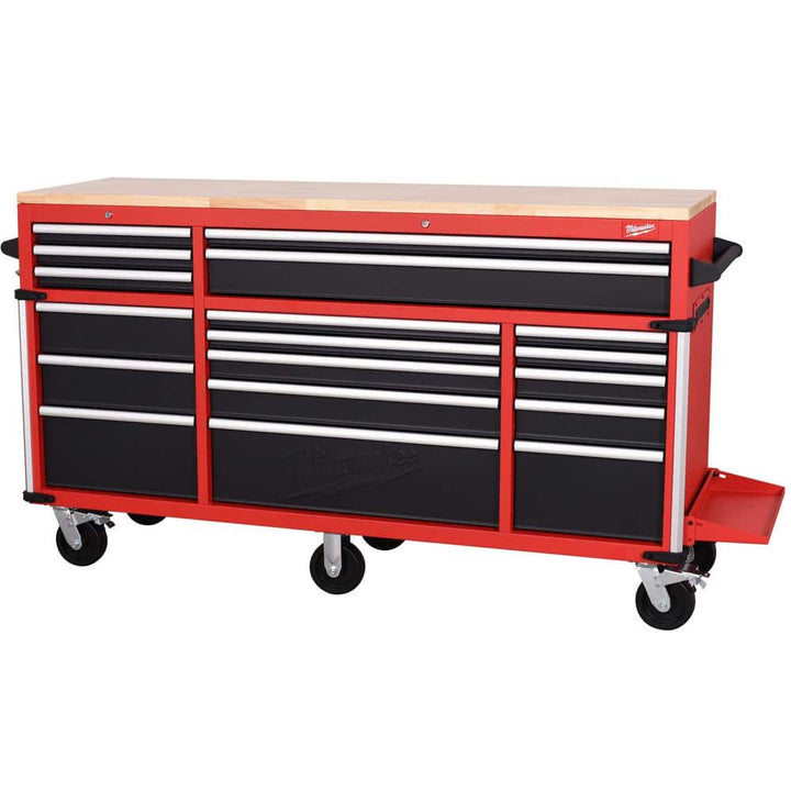 Milwaukee High Capacity 72 in. W x 22.1 in. D 18-Drawer Mobile Workbench with Solid Wood Top