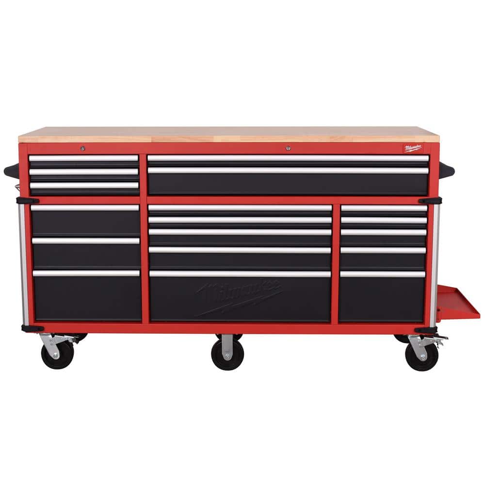 Milwaukee High Capacity 72 in. W x 22.1 in. D 18-Drawer Mobile Workbench with Solid Wood Top