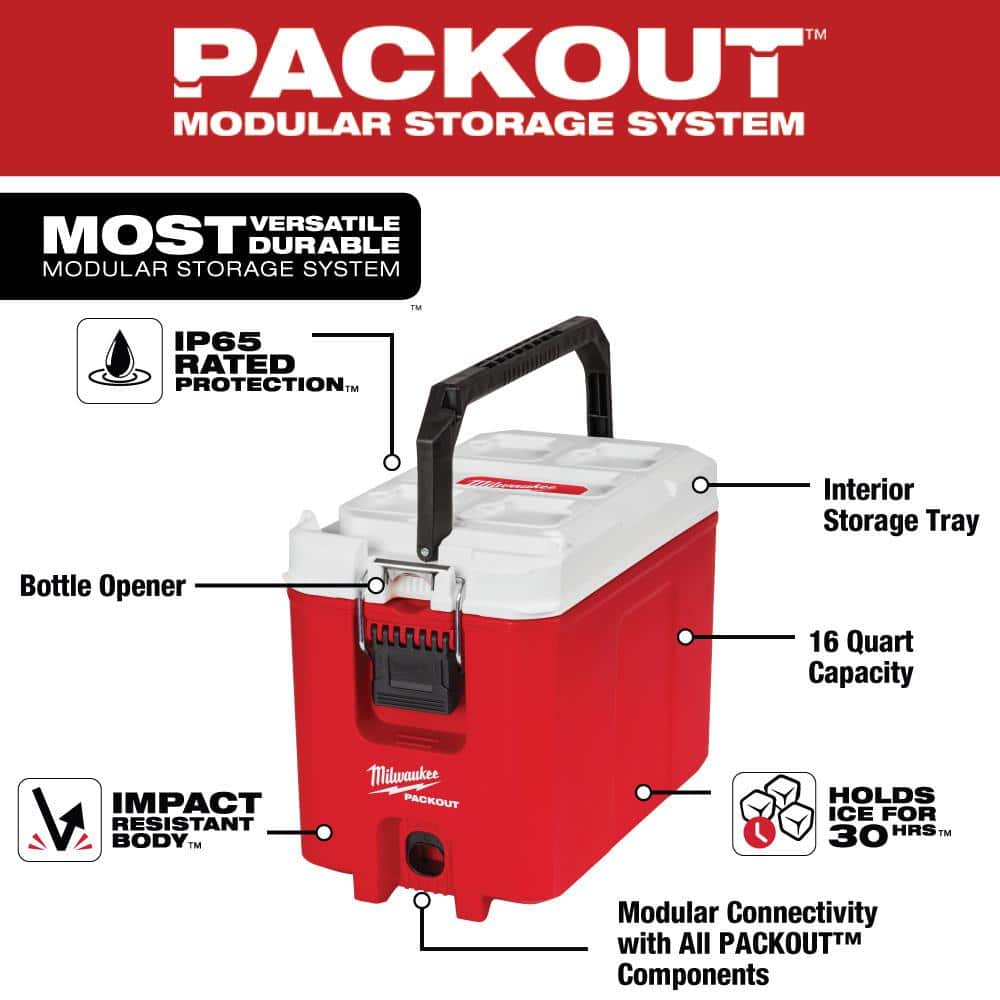 Milwaukee PACKOUT 16 Qt. Compact Cooler, IP65, 16.3" L x 12.9" H x 9.8" W