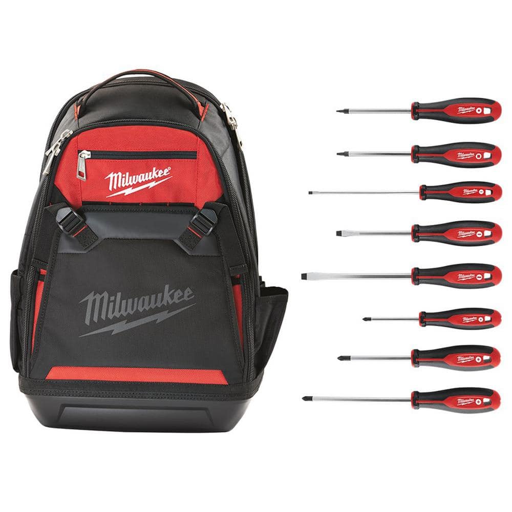 Milwaukee Jobsite Backpack with 8-Piece Screwdriver Set, 3000 cu. in., 1680D, Red/Black