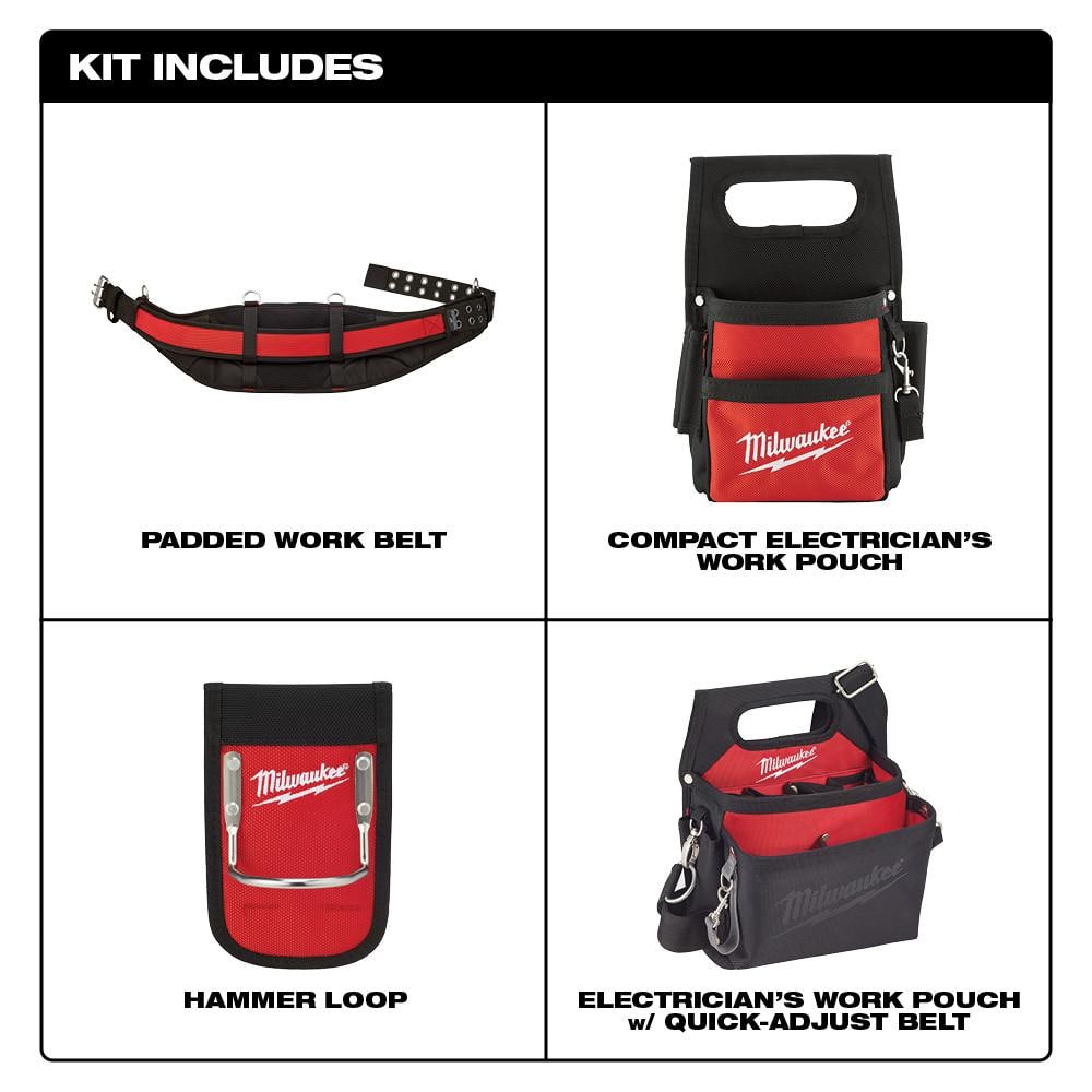 Milwaukee Adjustable Electrician's Work Waist Tool Belt with 19 oz. Hickory Framing Hammer, 29 Pockets (Model 48-22-8110 + 48-22-9419)