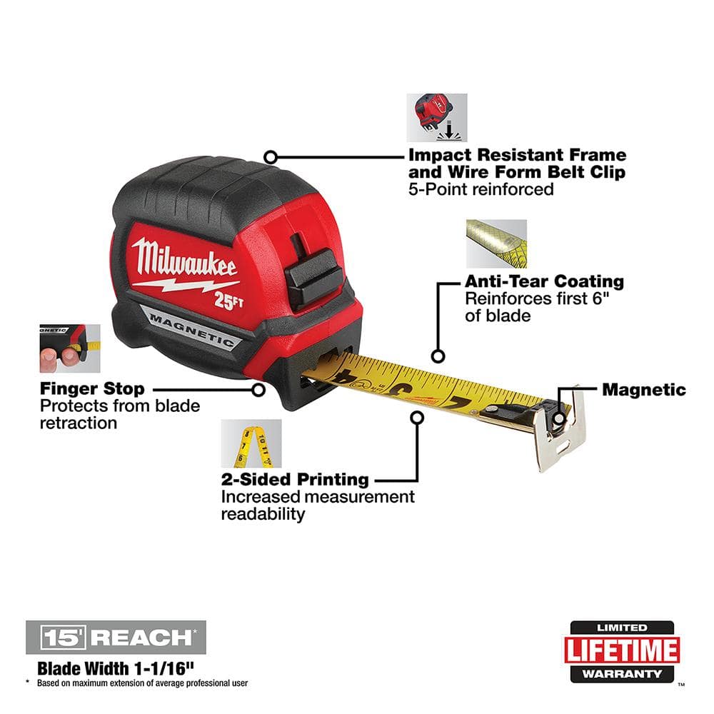 Milwaukee Adjustable Electricians Work Belt with 25 ft. x 1 in. Compact Magnetic Tape Measure