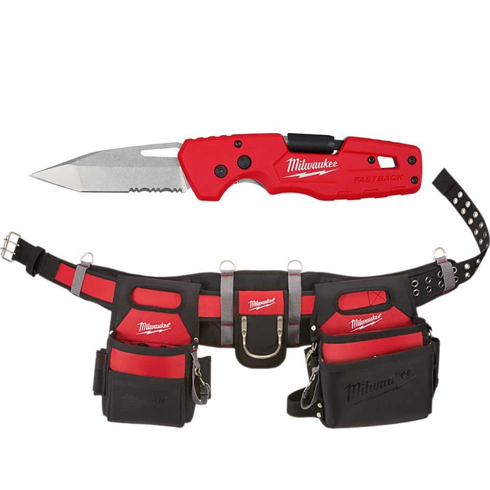 Milwaukee Adjustable Electricians Work Waist Tool Belt with FASTBACK 5-in-1 Folding Knife, 29 Pockets, Red (48-22-8110 & 48-22-1540)