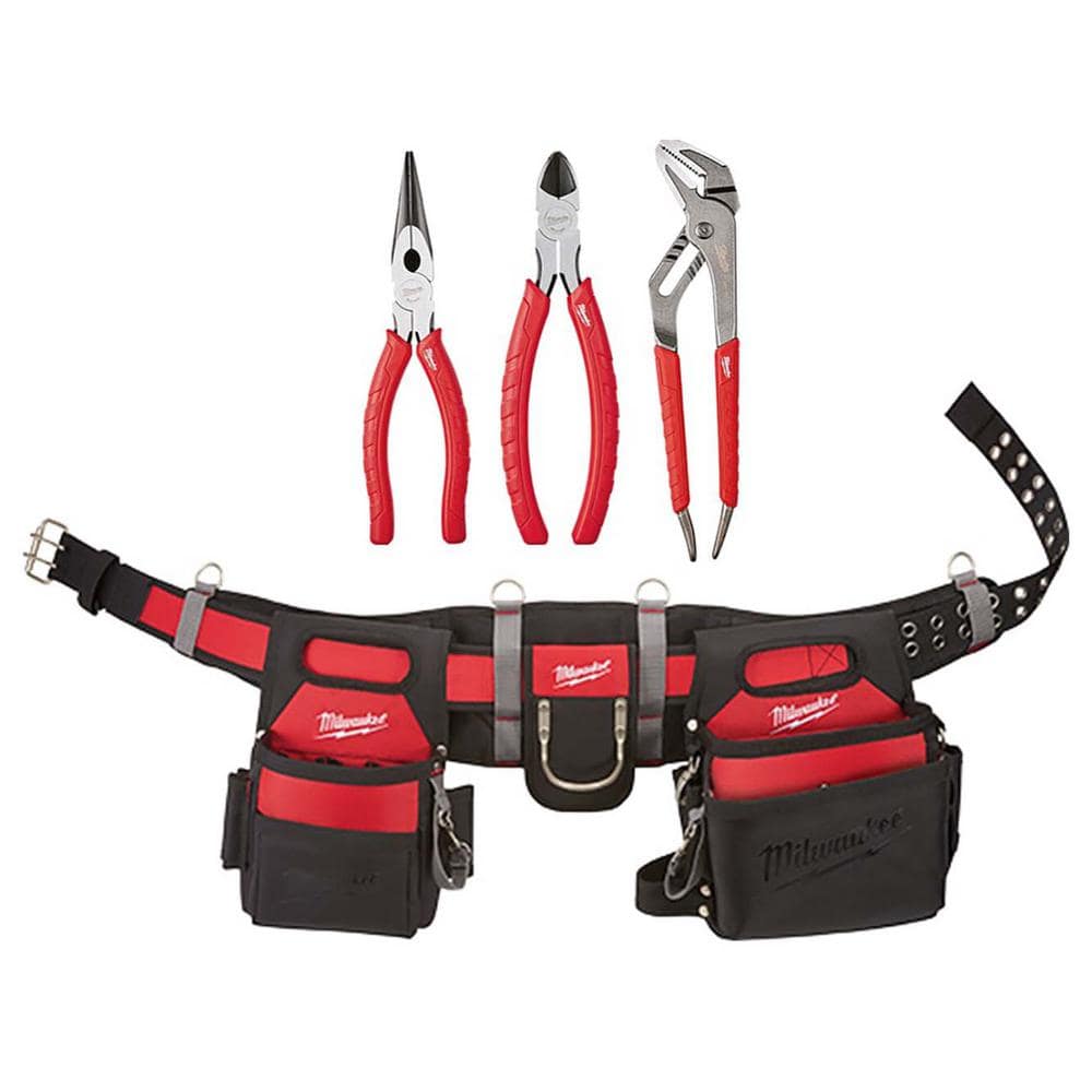 Milwaukee Adjustable Electricians Work Waist Tool Belt with 3-Pieces Pliers Kit, 29 Pockets, 1680D Nylon
