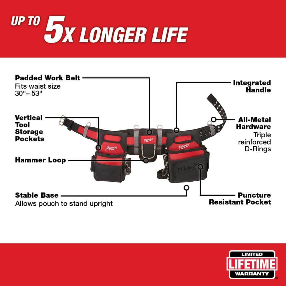 Milwaukee Electricians Adjustable Work Waist Tool Belt and X-Large Padded Rig, 29 Pockets, 1680D Nylon
