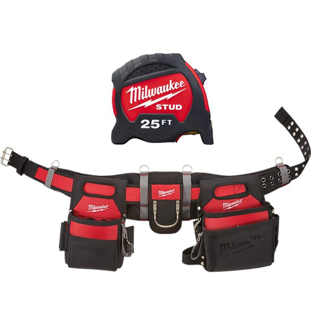Milwaukee Adjustable Electricians Work Waist Tool Belt with 25 ft. Gen II STUD Tape Measure, 29 Pockets, 1680D Nylon