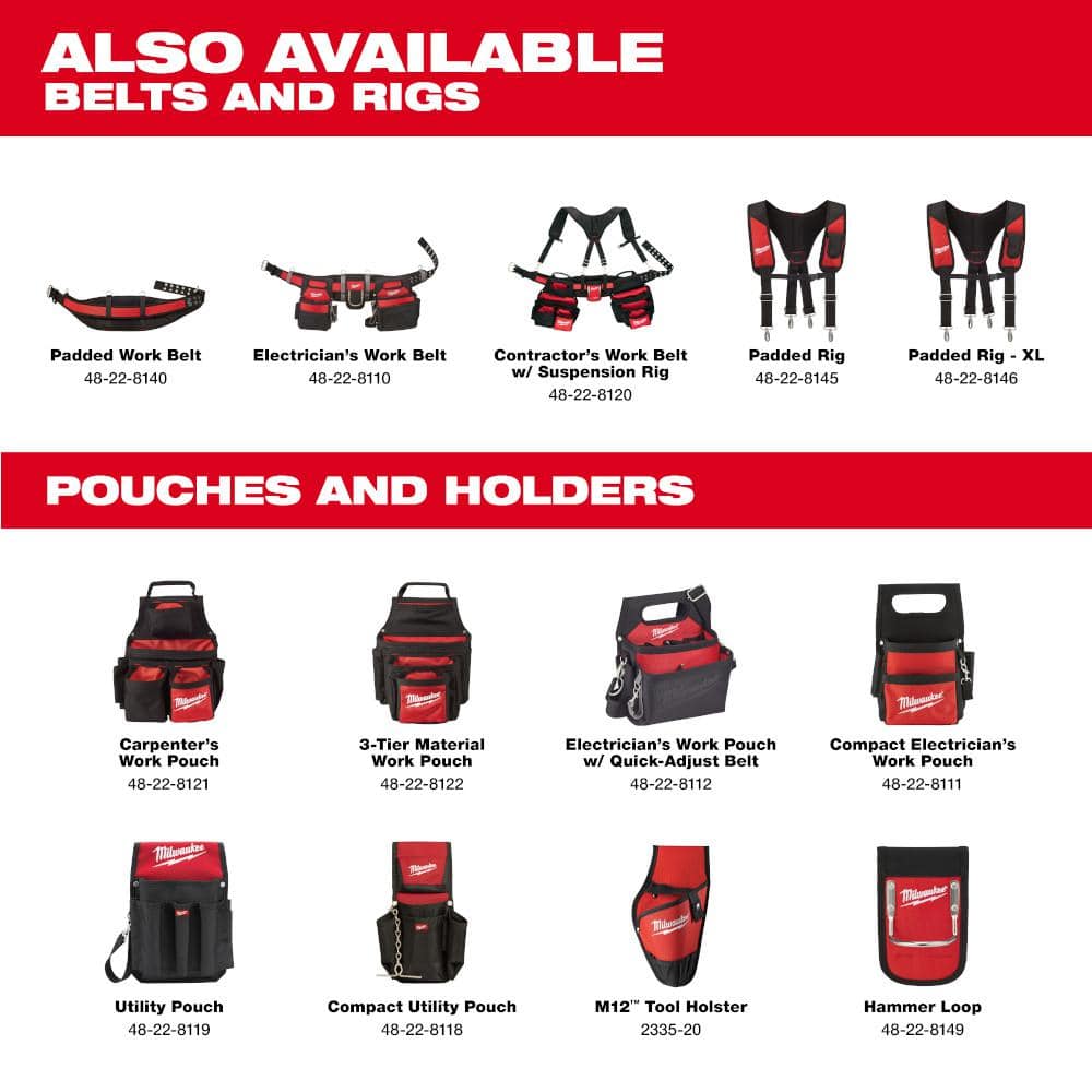 Milwaukee Adjustable Electrician's Work Waist Tool Belt with 19 oz. Hickory Framing Hammer, 29 Pockets (Model 48-22-8110 + 48-22-9419)