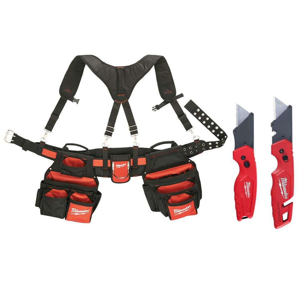 Milwaukee General Contractor Work Waist Tool Belt with Suspension Rig and FASTBACK Folding Knives (2-Pack)