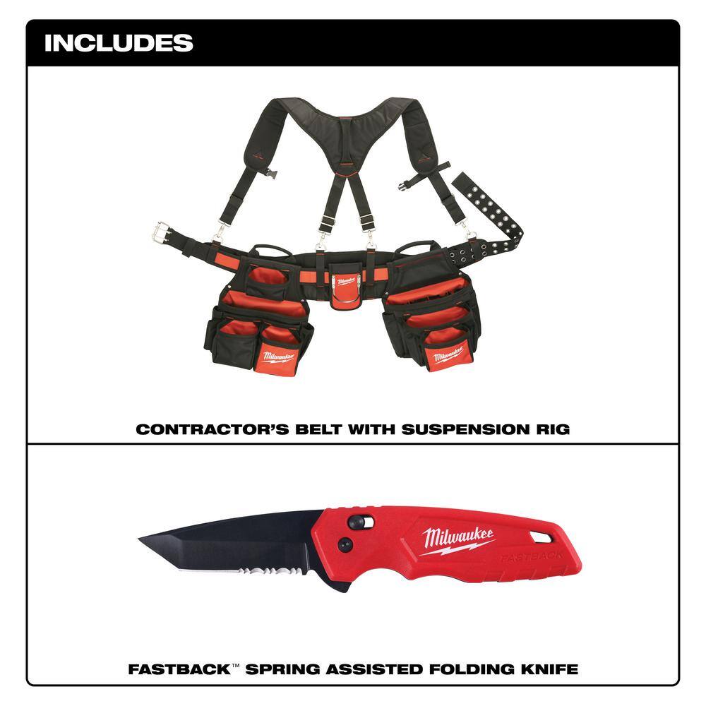 Milwaukee Contractor Work Belt with Suspension Rig and FASTBACK Spring-Assisted Knife, 24 Pockets (48-22-8120 & 48-22-1530)