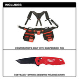 Milwaukee Contractor Work Belt with Suspension Rig and FASTBACK Spring-Assisted Knife, 24 Pockets (48-22-8120 & 48-22-1530)