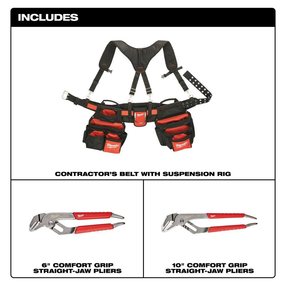 Milwaukee Contractor’s Work Belt with Suspension Rig + 6 in. & 10 in. Straight‑Jaw Pliers Set (2‑Piece)