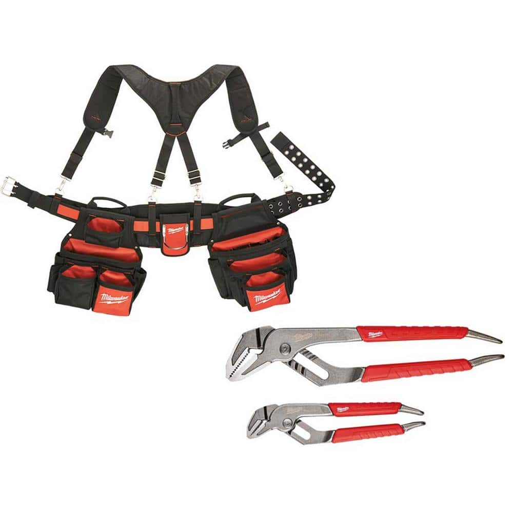 Milwaukee Contractor’s Work Belt with Suspension Rig + 6 in. & 10 in. Straight‑Jaw Pliers Set (2‑Piece)