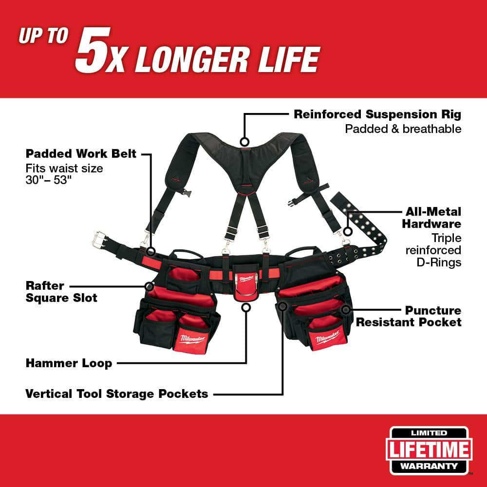 Milwaukee General Contractor Work Waist Tool Belt with Suspension Rig and 6-in-1 Wire Pliers