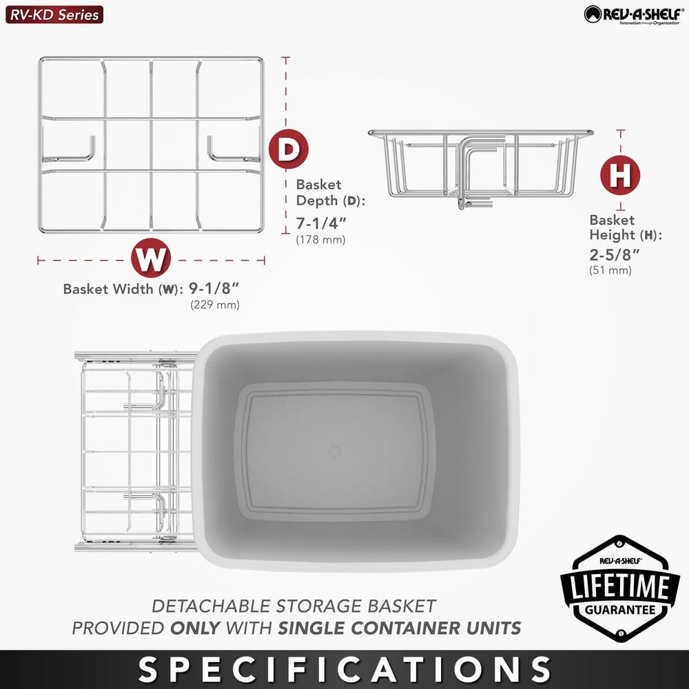 Rev-A-Shelf 35-Quart Plastic Pull-Out Trash Can, Bottom-Mount, Red, RV-12KD-16C-S