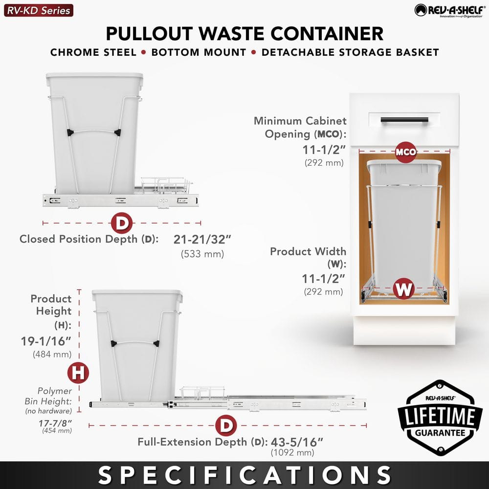 Rev-A-Shelf 35-Quart Plastic Pull-Out Trash Can with Chrome Bottom-Mount Slide, Red
