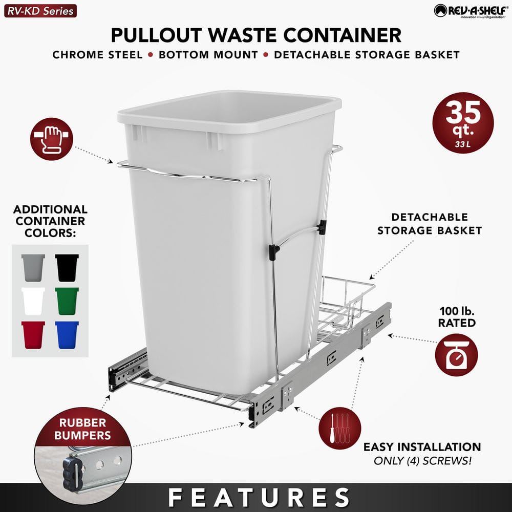 Rev-A-Shelf 35-Quart Plastic Pull-Out Trash Can with Chrome Bottom-Mount Slide, Red