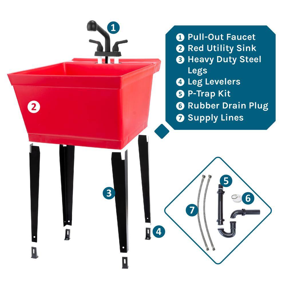 TEHILA 22.875" x 23.5" Red Thermoplastic Utility Sink Set with Black Pull-Out Faucet