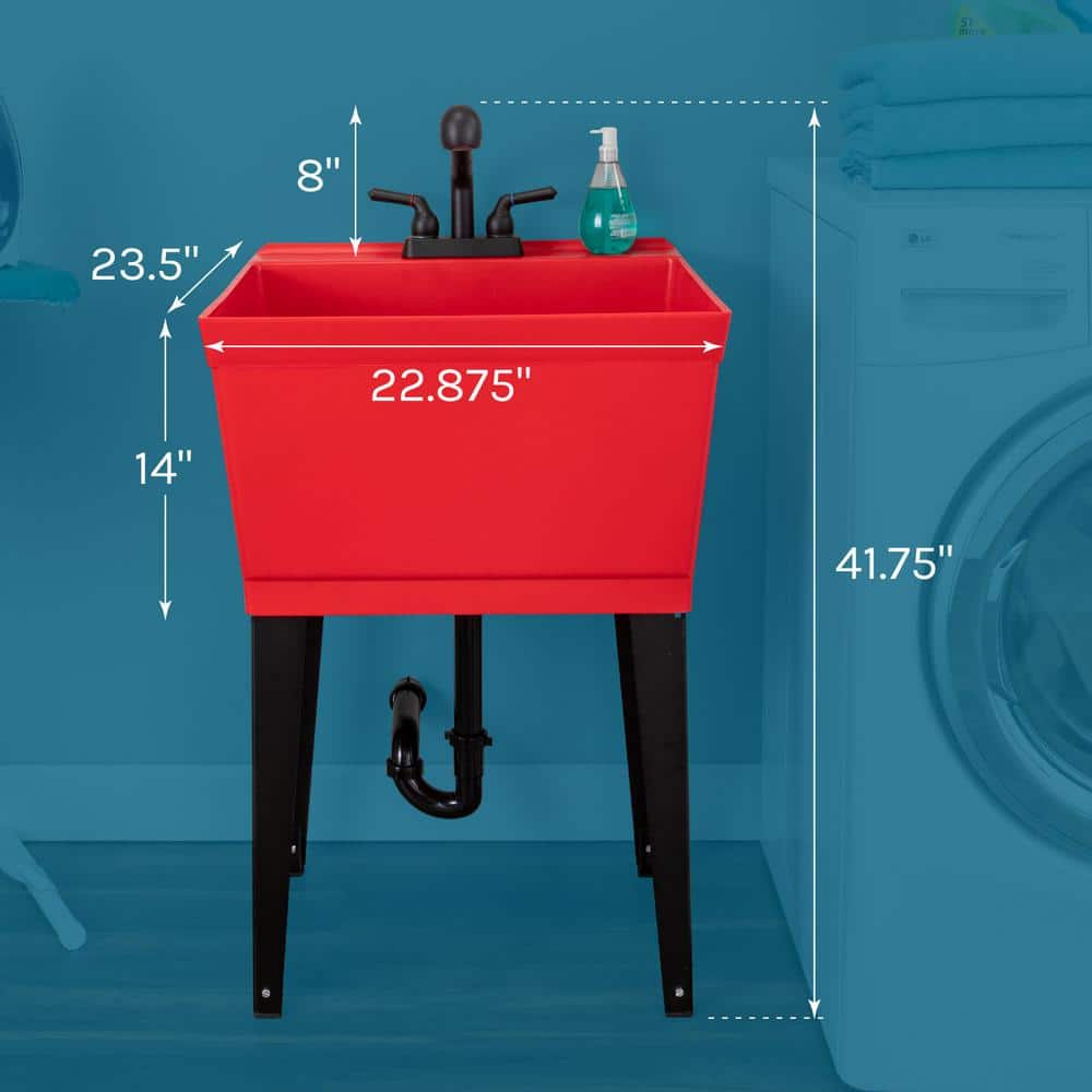 TEHILA 22.875" x 23.5" Red Thermoplastic Utility Sink Set with Black Pull-Out Faucet