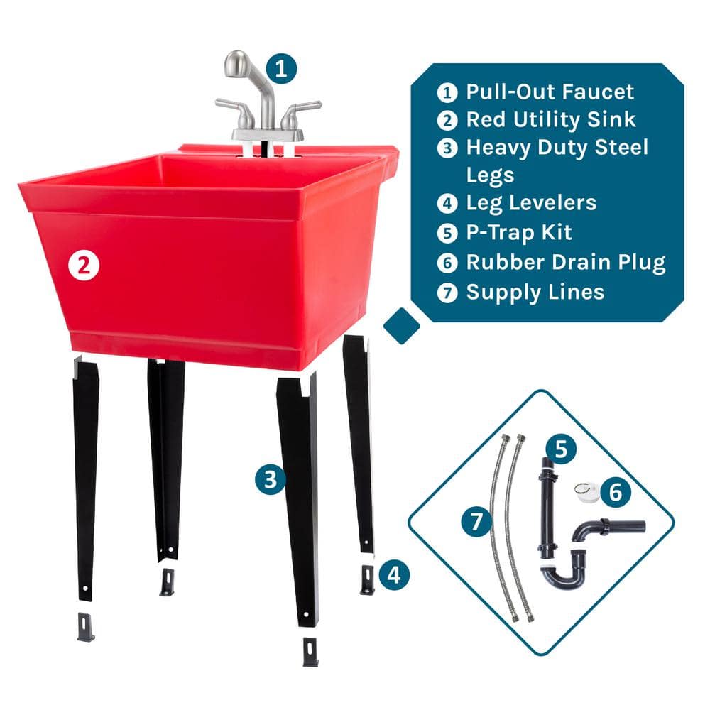 TEHILA Red Thermoplastic Freestanding Utility Sink Tub with Pull-Out Faucet