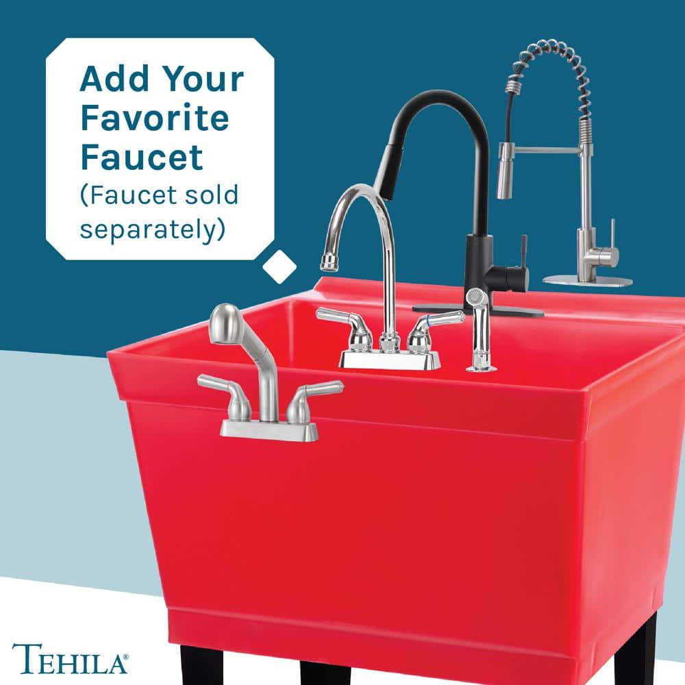 TEHILA 22.875 in. x 23.5 in. Thermoplastic Freestanding Red Utility Sink Set with Adjustable Legs