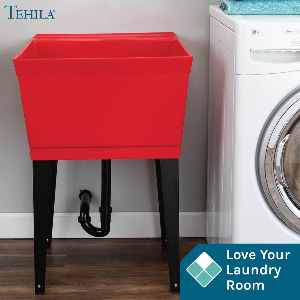 TEHILA 22.875 in. x 23.5 in. Thermoplastic Freestanding Red Utility Sink Set with Adjustable Legs