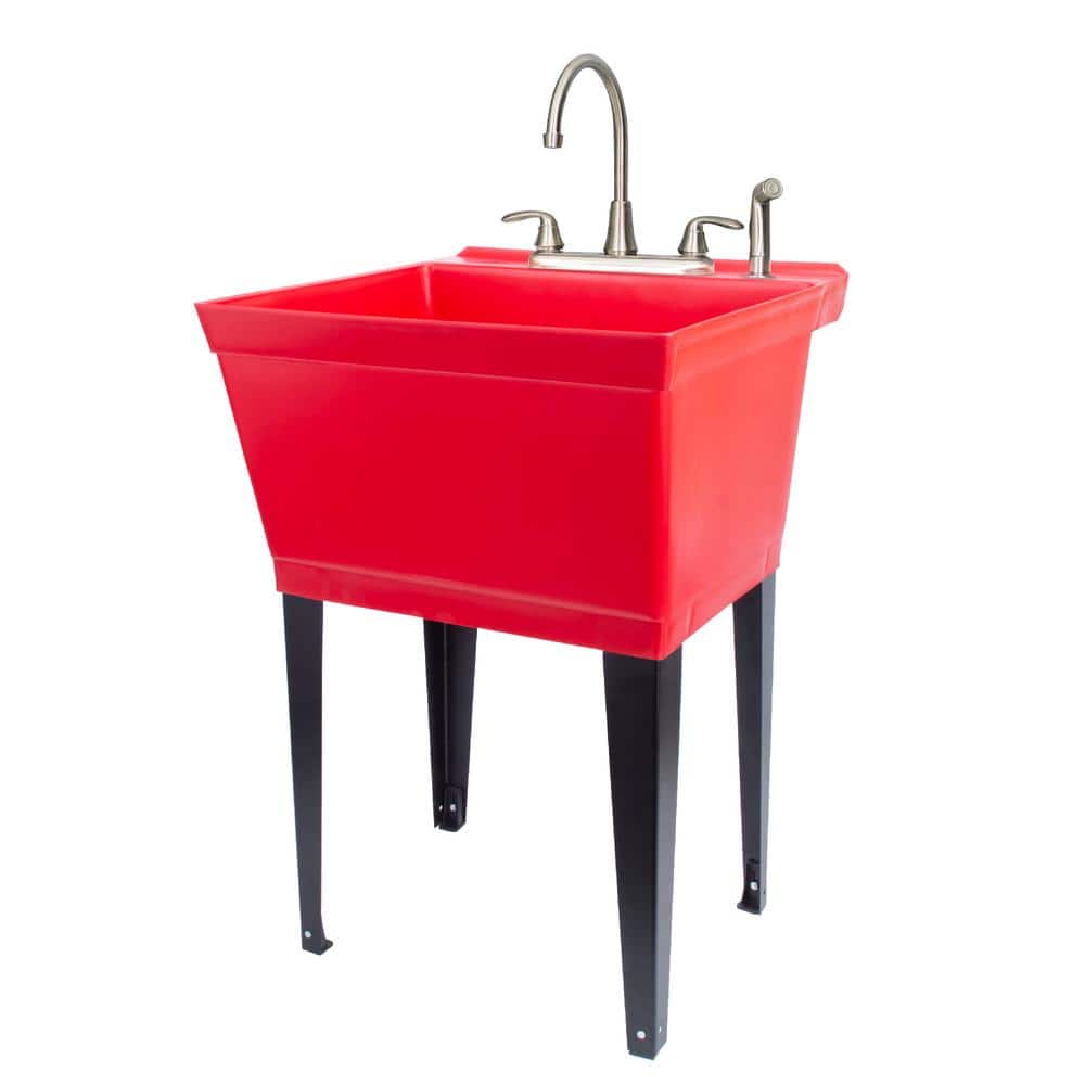 TEHILA Red Thermoplastic Freestanding Utility Sink Set with Stainless Steel Faucet