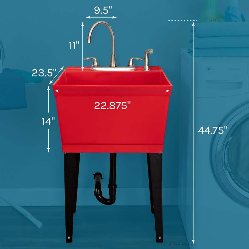 TEHILA Red Thermoplastic Freestanding Utility Sink Set with Stainless Steel Faucet