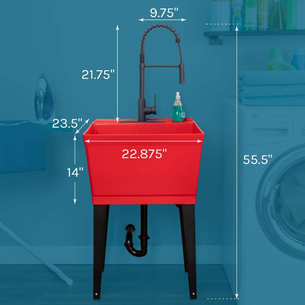TEHILA Thermoplastic Red Utility Sink Set with Black Pull-Down Faucet
