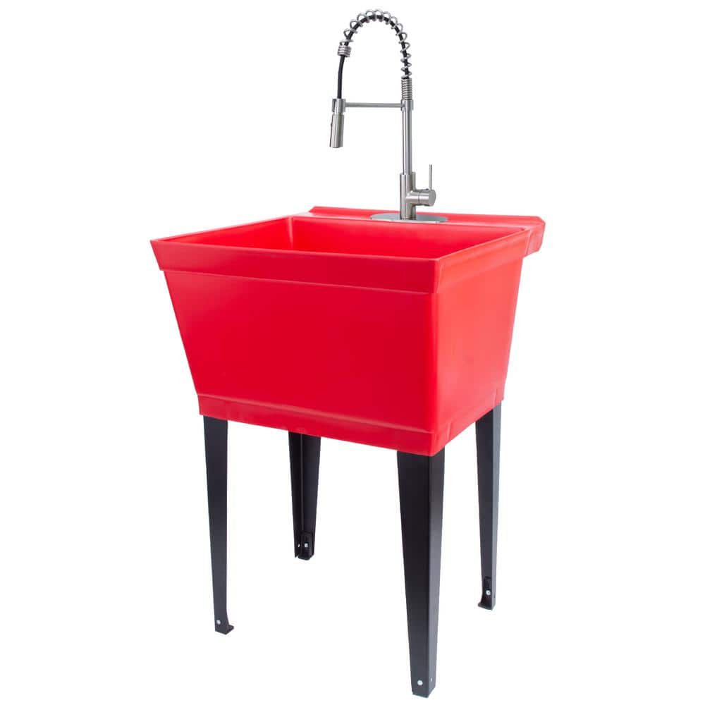 TEHILA 22.875 in. x 23.5 in. Red Utility Sink with Stainless Coil Pull-Down Faucet