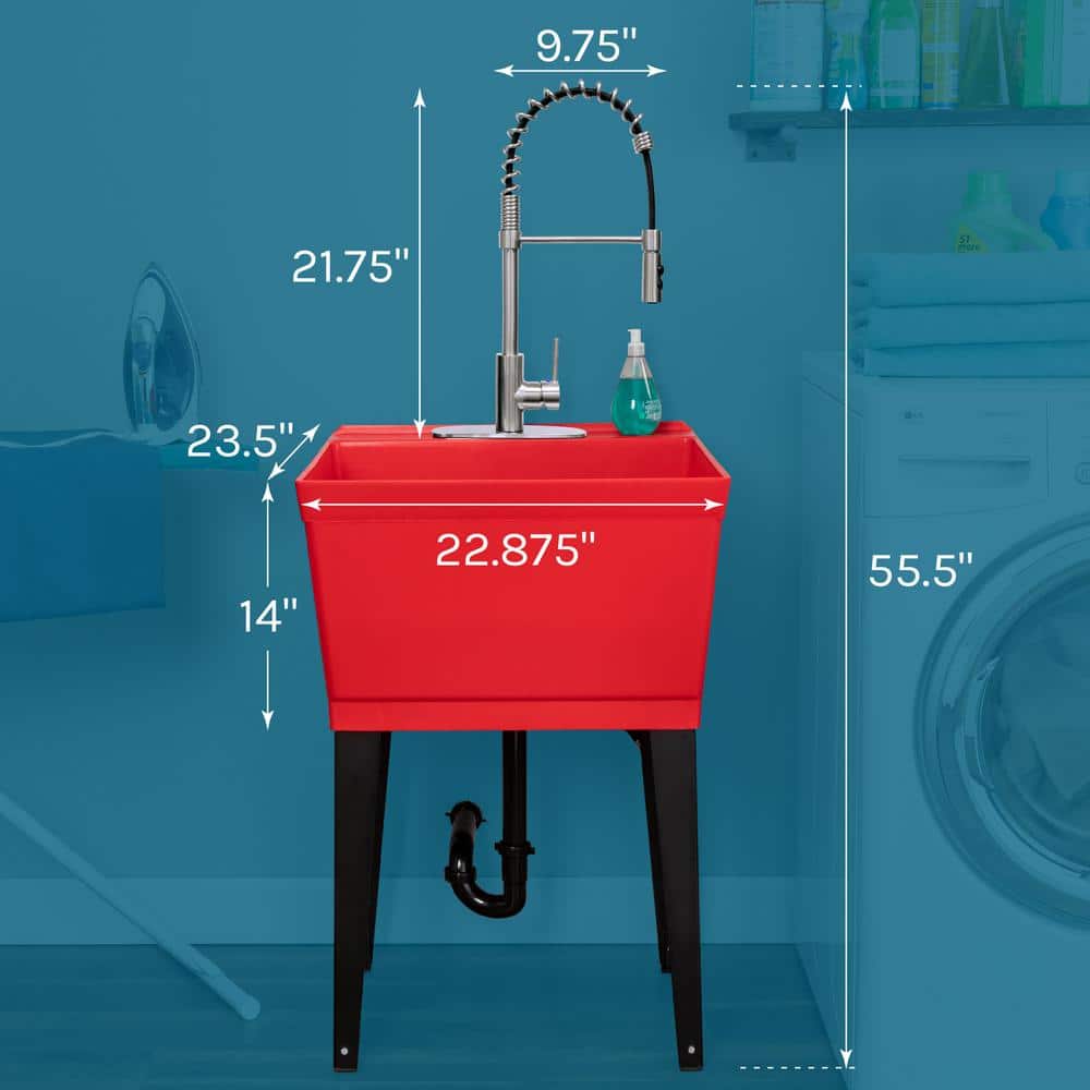 TEHILA 22.875 in. x 23.5 in. Red Utility Sink with Stainless Coil Pull-Down Faucet