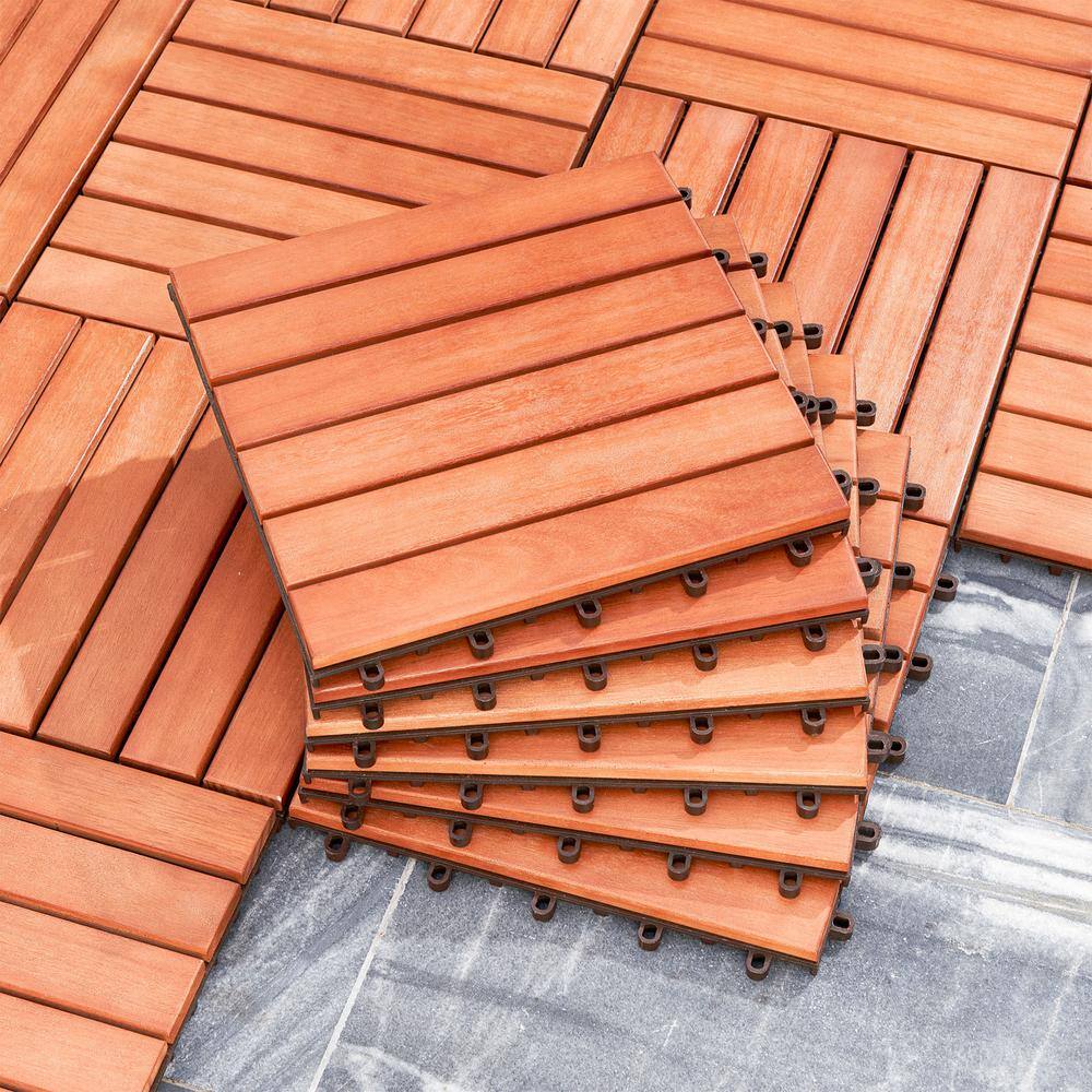 GOGEXX 12 in. x 12 in. Square Eucalyptus Stripe Interlocking Flooring Garage Wooden Deck Tiles Reddish Brown Patio(Set of 10)