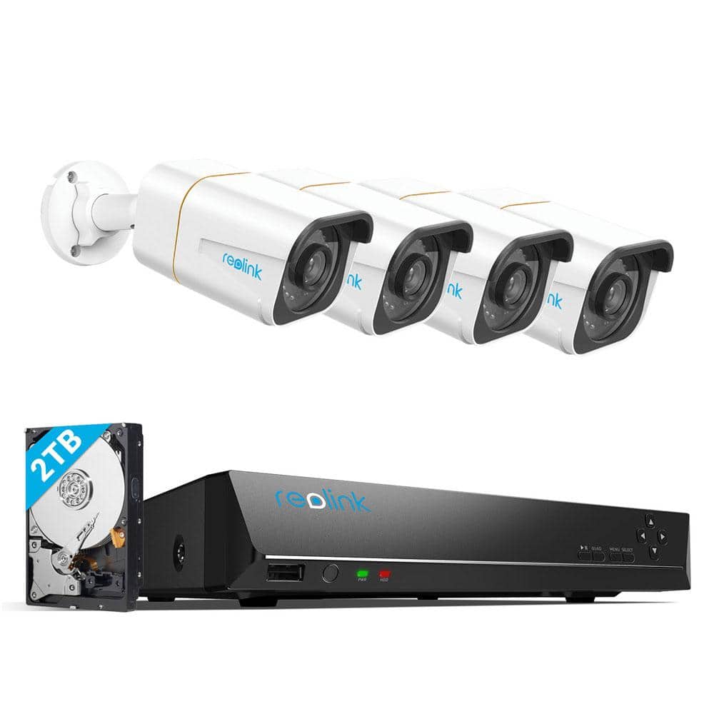 REOLINK NVS 8 Channel 4K Plus 2TB HDD Built-in Wired Security Camera System with NVR and 4x Smart Bullet Security Cameras, White
