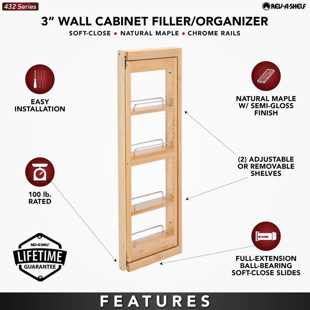 Rev-A-Shelf 3 in W x 36 in H 4-Tier Pull-Out Wood Wall Filler Organizer with Soft-Close Slides, Natural Maple